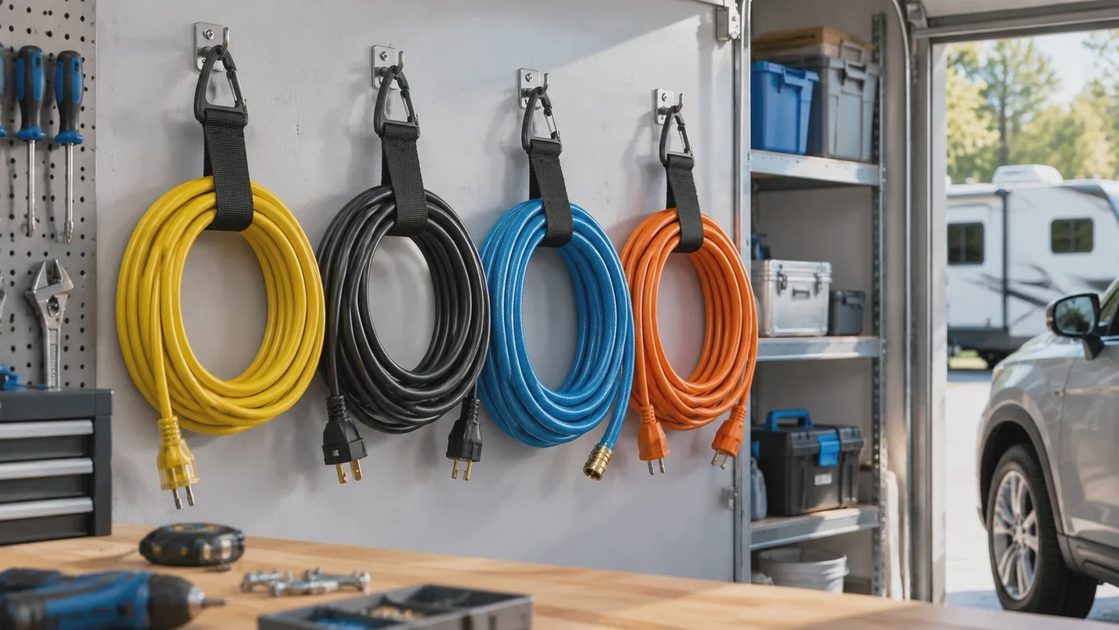 I started with the longest, most stubborn cord I own. Wrap it into a loose coil, loop one strap around the middle, press the closure shut, and hang it by the buckle